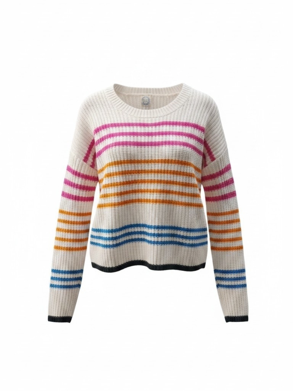 Blue Rain Cream Crewneck Sweater w Pink, Orange & Blue Stripes  SZ L